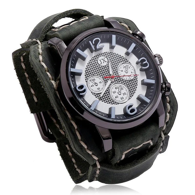 

Vintage Sport Watches Mens Quartz Clock Green Leather Military Watch Men Punk Style Bracelet Analog Wristwatch Man Reloj Hombre