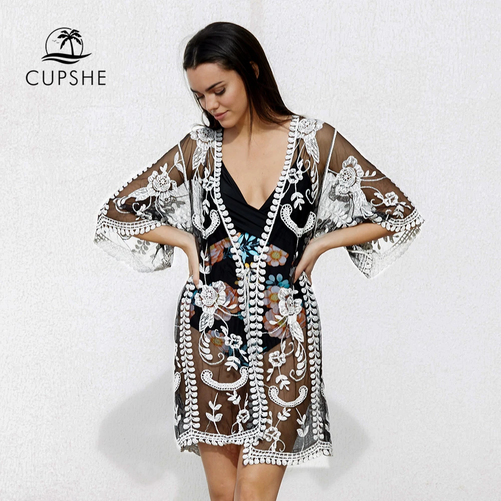 Купальник бикини CUPSHE черный с цветочным узором крючком накидка Пляжное кимоно