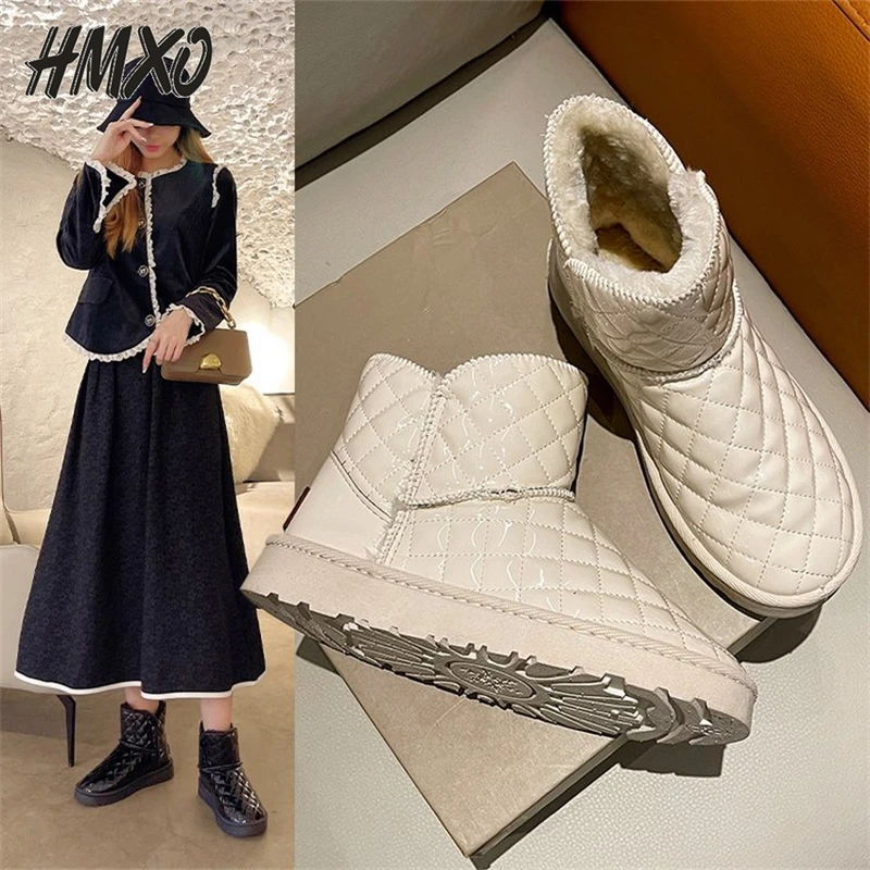 

HMXO Winter Warm and Velvet Bright Leather Women's Short Boots Casual Snow Boots Round Head Sleeve Waterproof Cotton Shoes Women