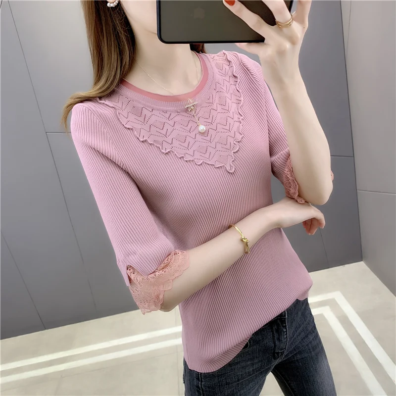 

Room 198483, 3 row 5 make ice silk pure color round collar short sleeve knit 32