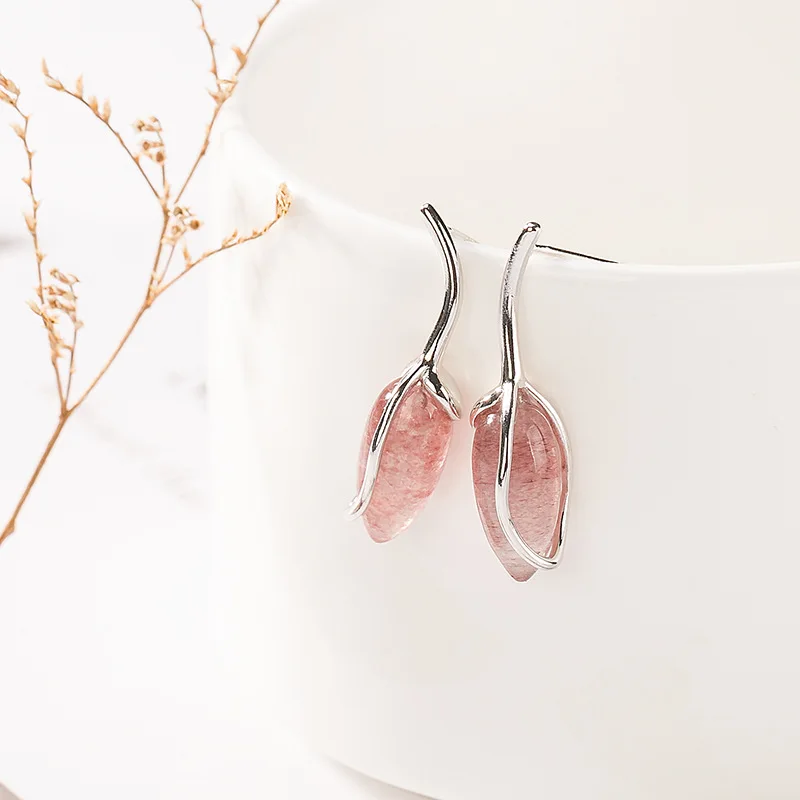 

100% 925 sterling silver with Natural Stone Pink Strawberry Quartz Leaf earrings vintage Fine jewelry For Women