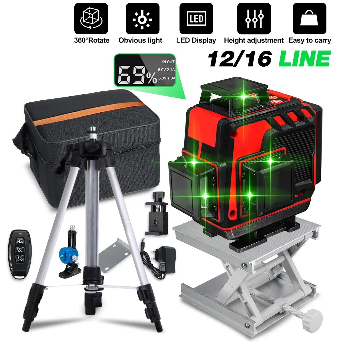 

Laser levels 16/12/8 Lines 4D/3D Green Light Horizontal&Vertical Cross Measure Tools360 Self-Leveling Laser Levels With Tripod