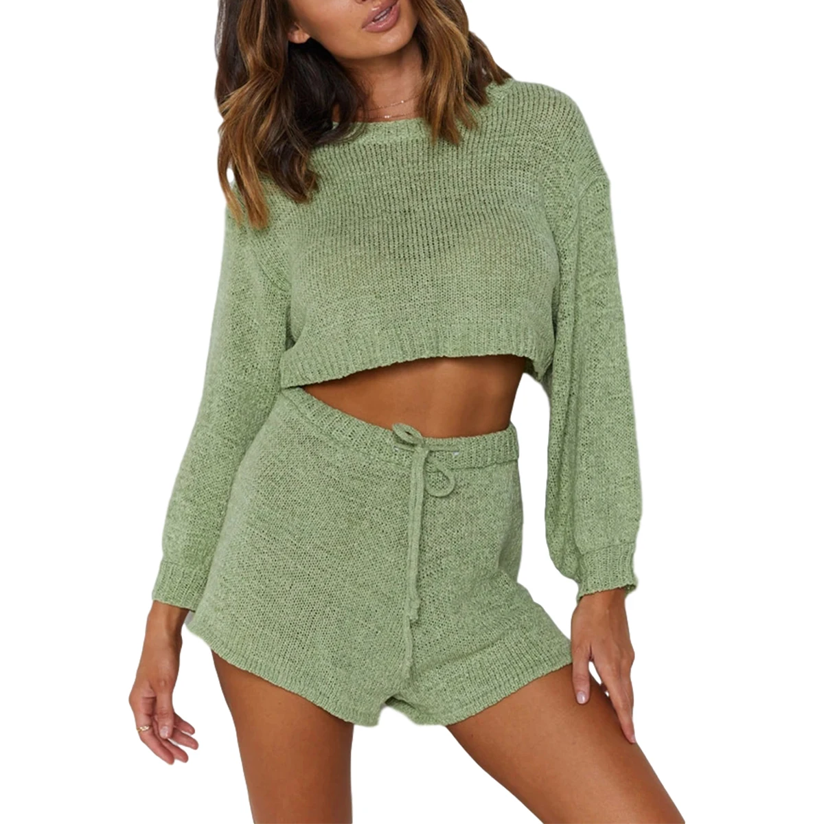 

Women Casual Suit, Long Sleeve + Shorts, Tight Knit Drawstring Elastic Waist Solid Color Spring Clothing