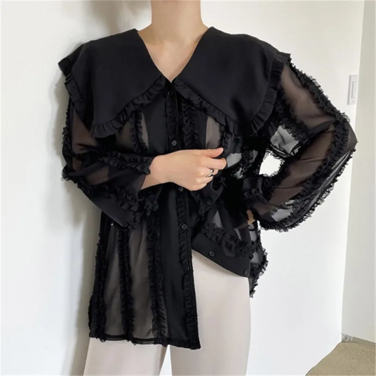 

2021 Summer Retro Design Elegant Doll Collar Shirt Female Lace Long-Sleeved Casual Bottoming Shirt