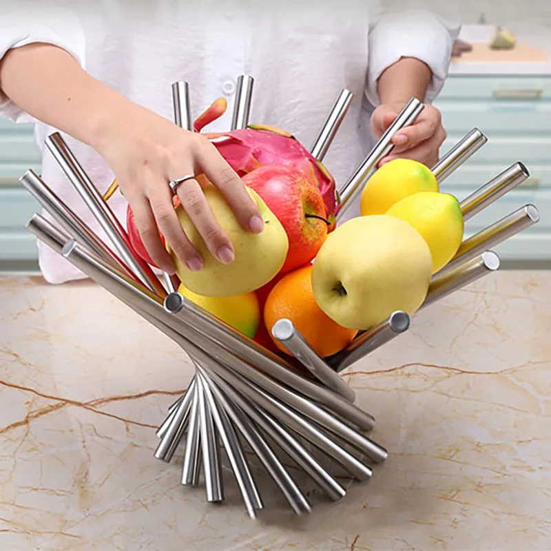 

Stainless Steel Fruit Basket Tray Foldable Rotation Fruit Stand European Style Fruit Vegetables Baskets For Kitchen Living Room