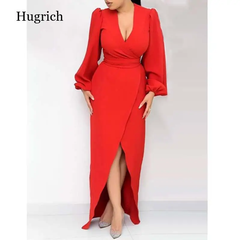 

Women's V-neck Long Sleeve Split Party Dress Street Dress Trendy Slim Fashion Red Fall