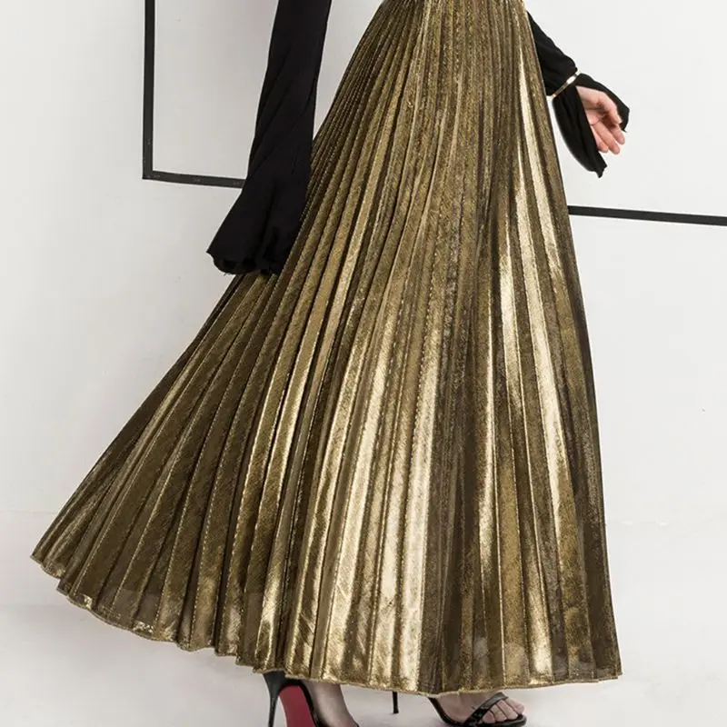 Женская Премиум металлический блеск плиссированные макси длинная юбка с высокой