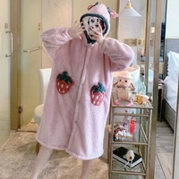 strawberry pocket autumn winter extended coral velvet nightgown plush thickened flannel home clothes button hooded cute bathrobe