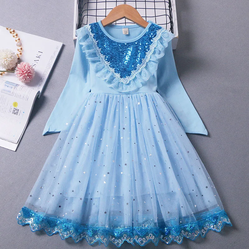 

Autumn Kids Clothes Frozen Elsa Party Teen Girls Long Sleeve Princess Dress Elegant Vestidos Birthday Lace Flower Costume