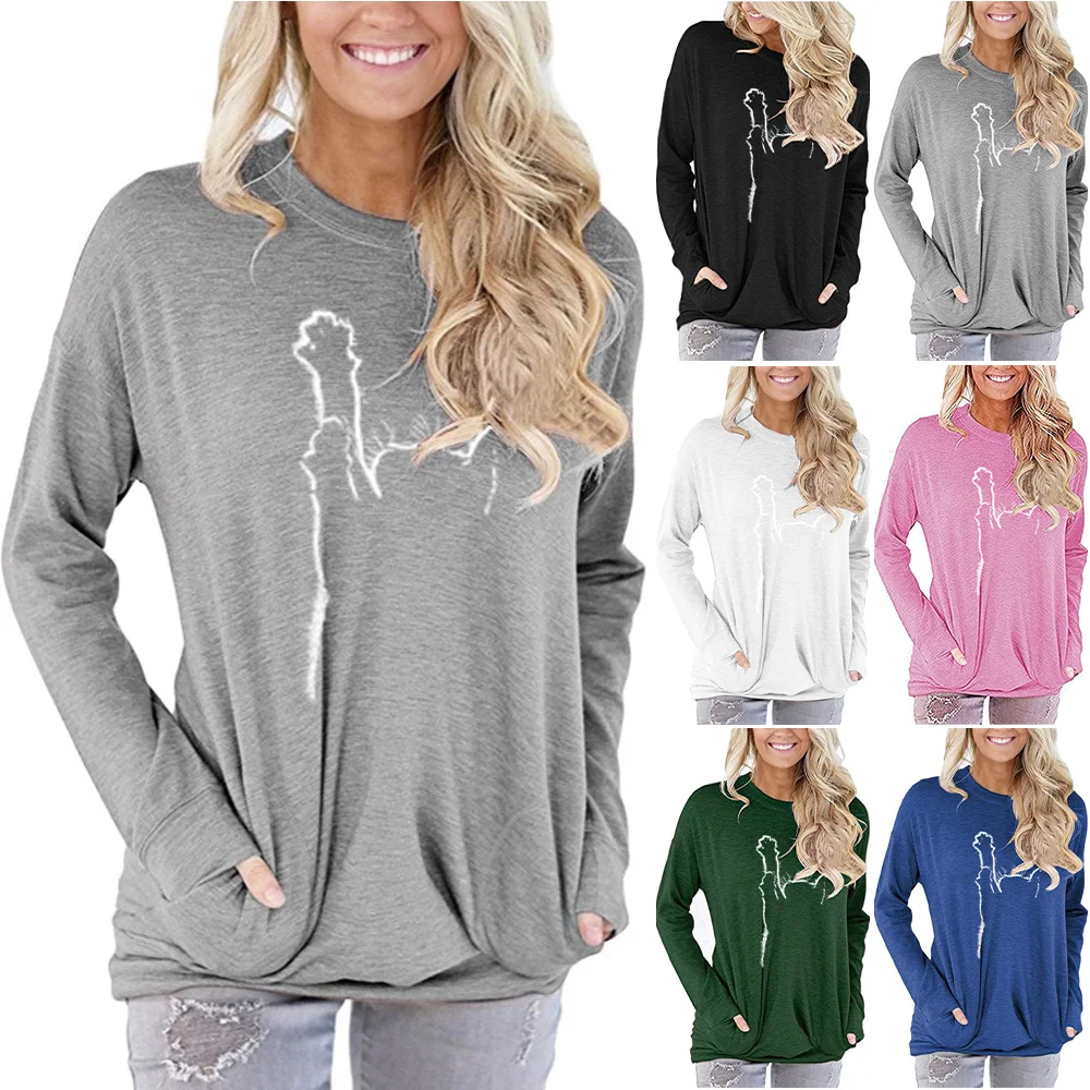 

Shirts for Women Fashion Clothing Casual Cute Cat Printed Pullover Long Sleeve O-neck Ladies Tops Female T-shirt