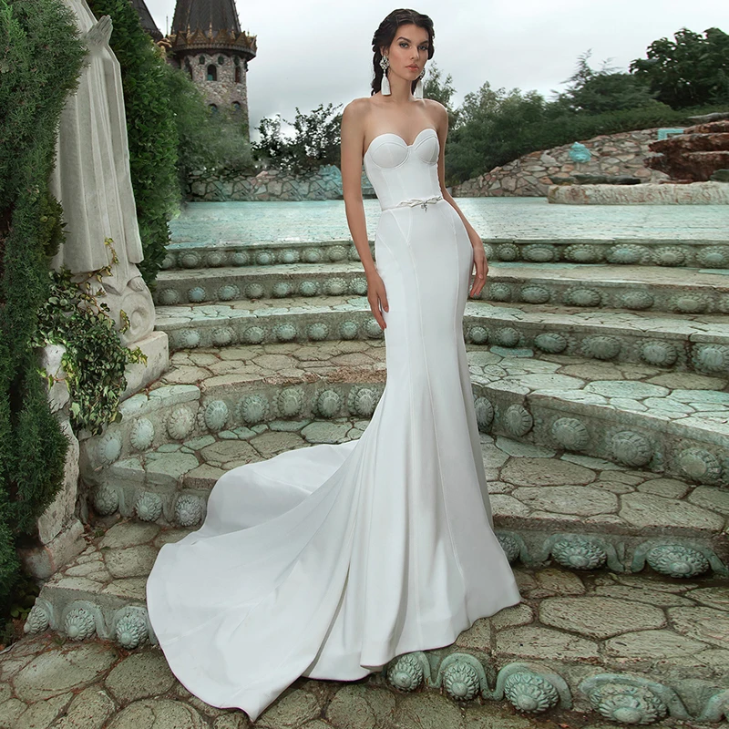 

Robes De Mariée Luxury Matte Soft Satin Mermaid Wedding Dresses Sleeveless Strapless Gowns 30cm Train Belt Tailor-Made