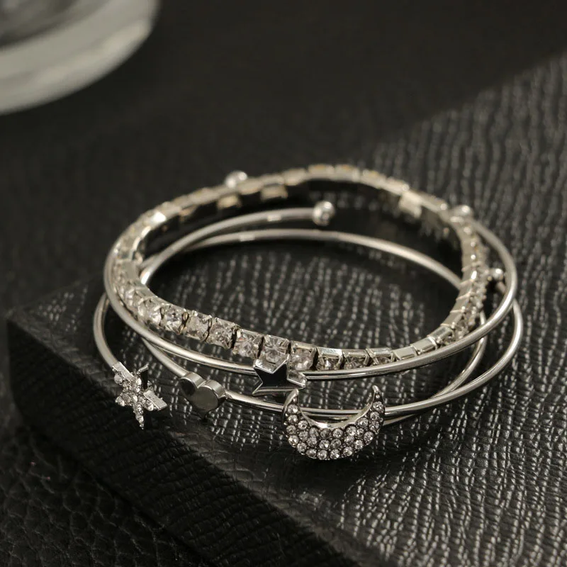 

4PCS/Set Bohemia Girls Simple Adjustable Star Heart Punk Crystal Bracelet Women Open Alloy Moon Retro Golden Bracelet