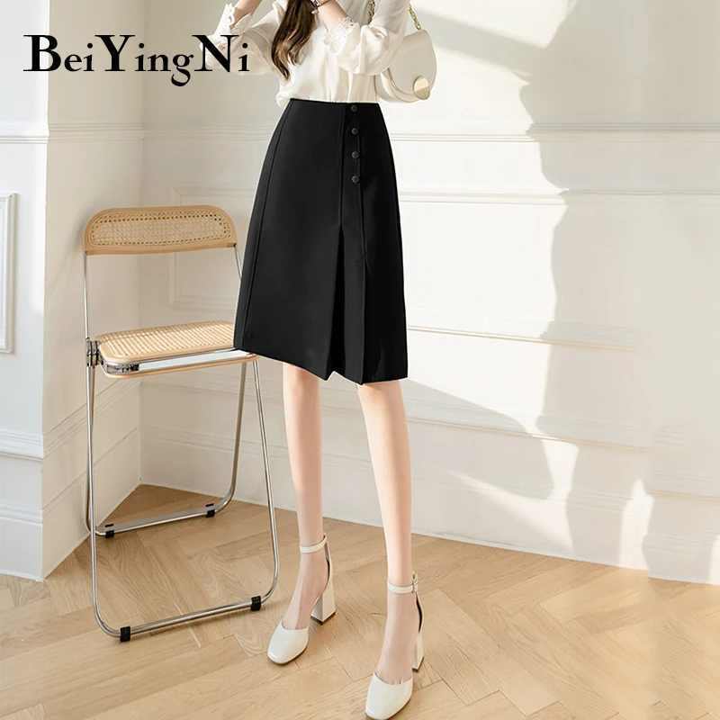 

Beiyingni Office Ladies Irregular Faldas Female Package Hip Vintage Harajuku Pleated Buttons Faldas Womens Elegant Skirts Woman