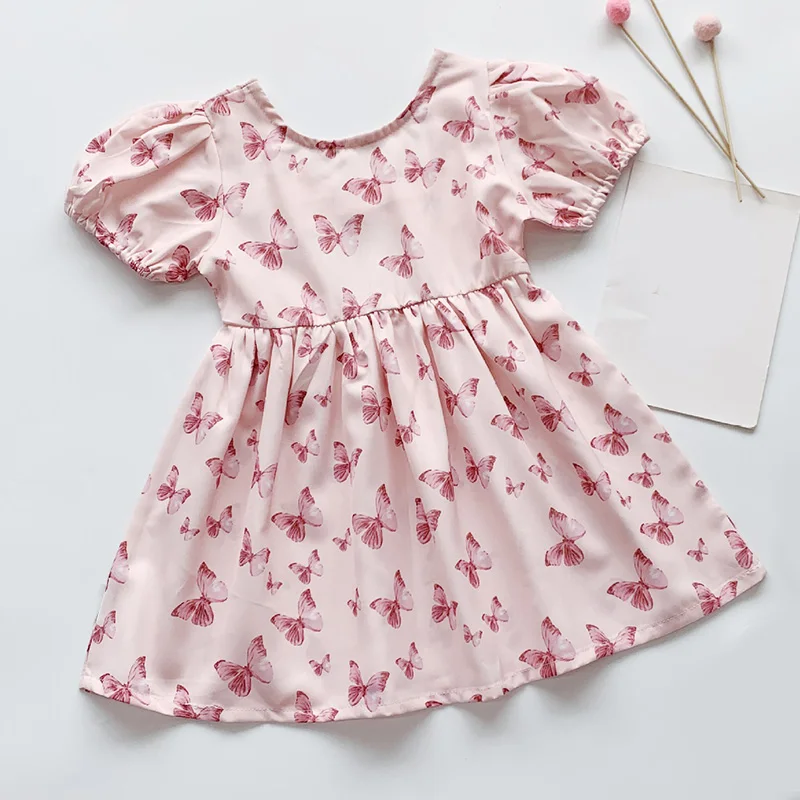 

Girls Dress New Korean Style Princess Dress Pink Butterfly Print Summer Short-sleeve Children's Dress