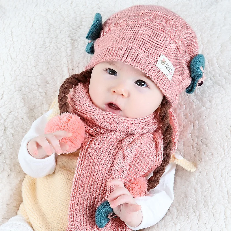 

Autumn winter Baby Hat Girl Baby Princess wig hat Korean fashion wool braided hat scarf cover 2-piece set