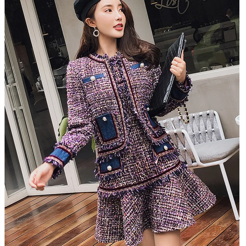 

Elegant Denim Spliced Tweed Jacket Coat Autumn Winter Women Long Sleeve Fringed Trim Tassels Pocket Design Woolen Female Outwear