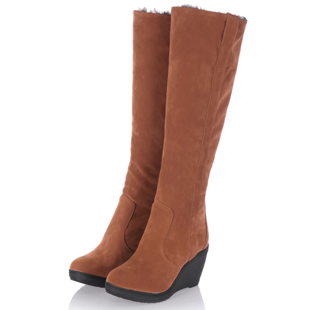 

DORATASIA Buckle Wedges Flock Shoes Round Toe Warm Comfy Winter Boots Women Winter Thick Fur Mid Calf Boots