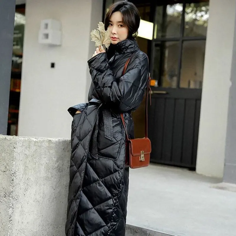 Long Winter Down Cotton Coat Women 2020 Casual Pocket Rhombus Pattern Sashes Femme Korean Female Cotton-padded Outwear Ropa