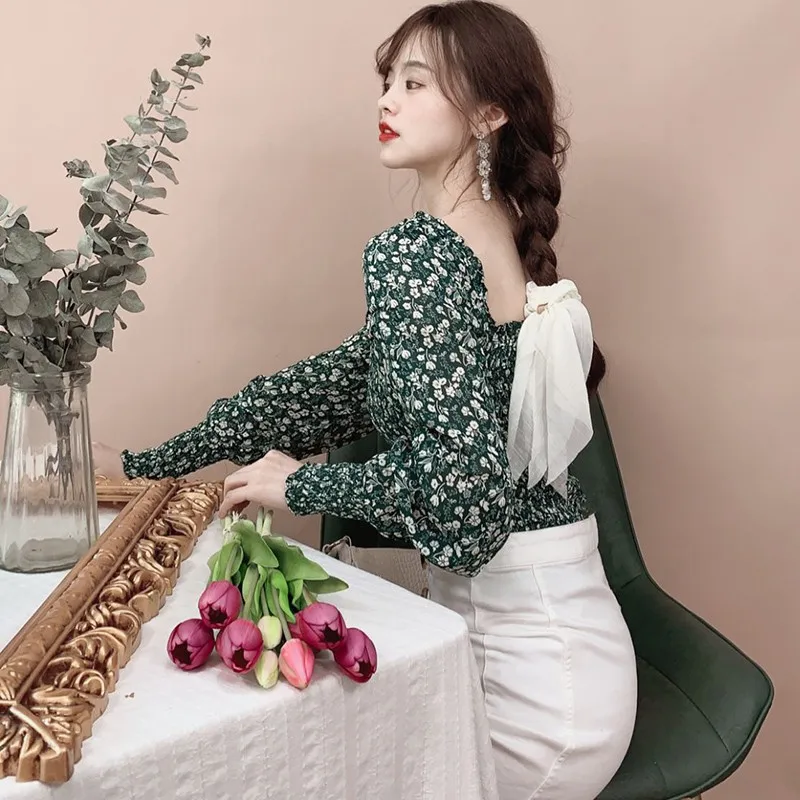 

Women Floral Square Collar Blouses Sexy Sweet Tops Fashion Blouses Long Sleeve Chiffon Shirt
