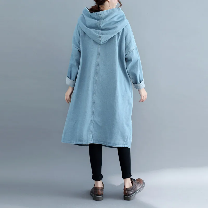 

2021 Korean Spring Autumn Denim Trench Coats Retro Loose Large Size Jeans Windbreaker Women's Long Sleeve Hooded Overcoats