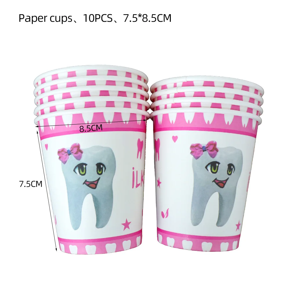 1set 20pelople ues Rosa mi primer diente tema vajilla de decoraci&oacute;n de fiesta plato y vaso de papel servilletas tablecolth babyShower fiesta Supp-3