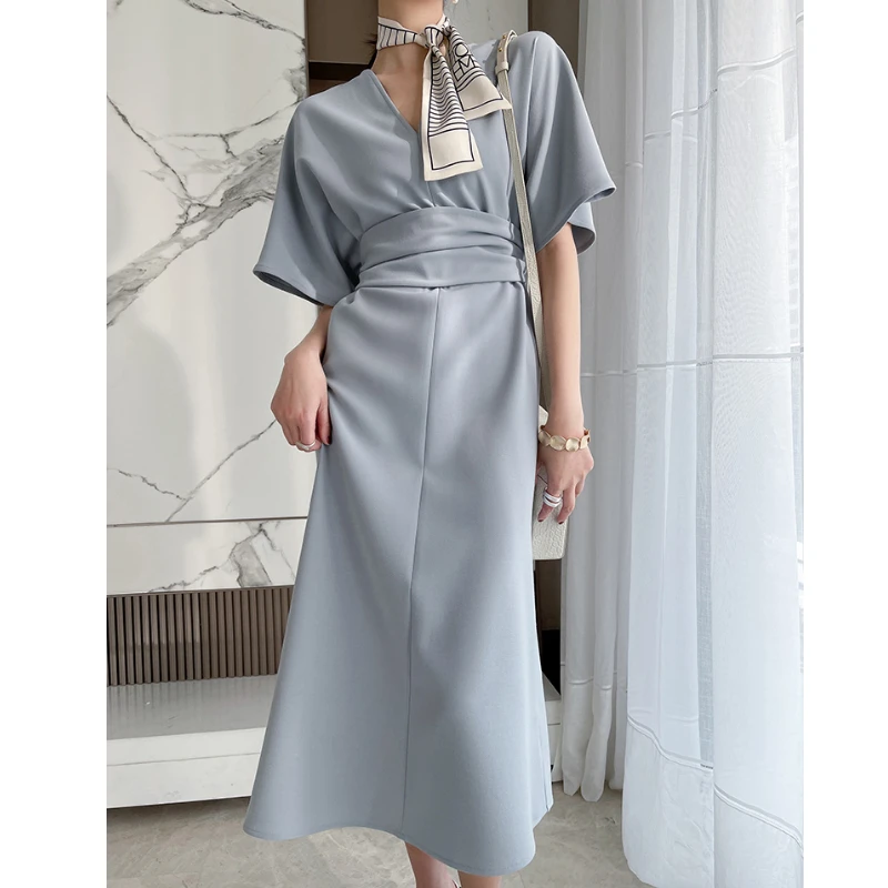 

Summer New Women Short Sleeve Office Lady Elegant Vestidos Femme Clothes Midi Slim Solid Lace Up Dress
