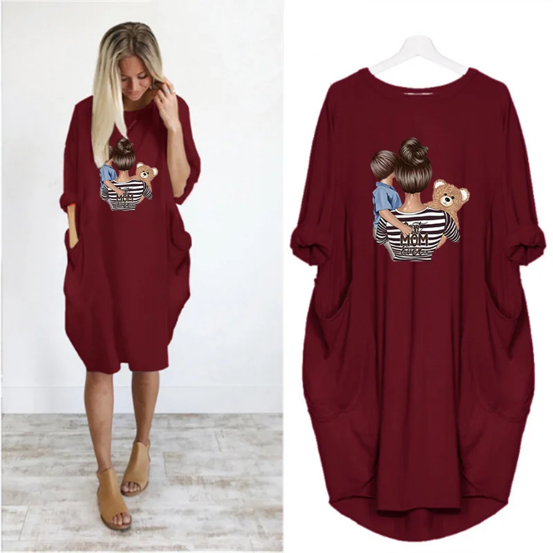

Loose Dress Women Boy&mom Print Long Sleeve Pocket o Neck Casual Party Beach Vintage Midi Dresses Femme Robe Pull Vestidos 2021