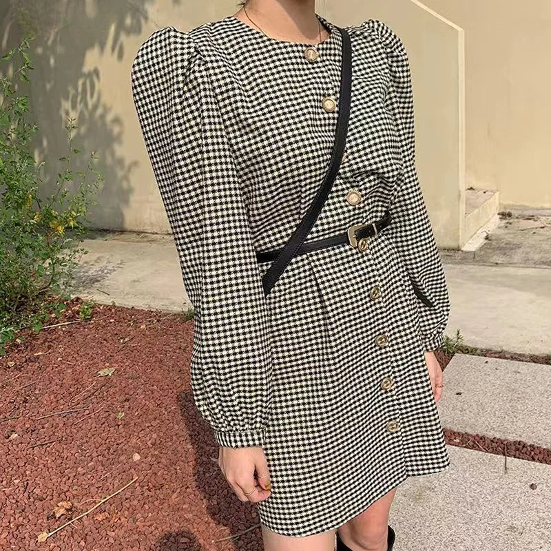 

New Autumn Plaid Dress Women O-neck Puff Long Sleeve Single Breasted Belt Waist Mini Dresses Office Lady Elegant Vestidos Retro