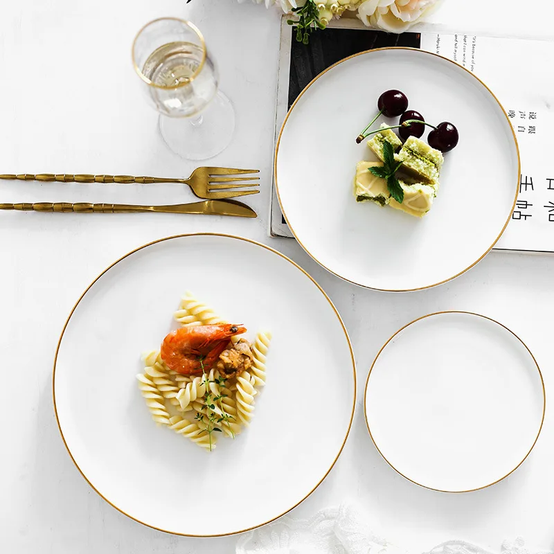 

Brief Nordic Round Ceramic Pizza Plate Dinner Dessert Plates Solid Gold Rim Porcelain Glaze Western Steak Cake Tray Snack Dishes