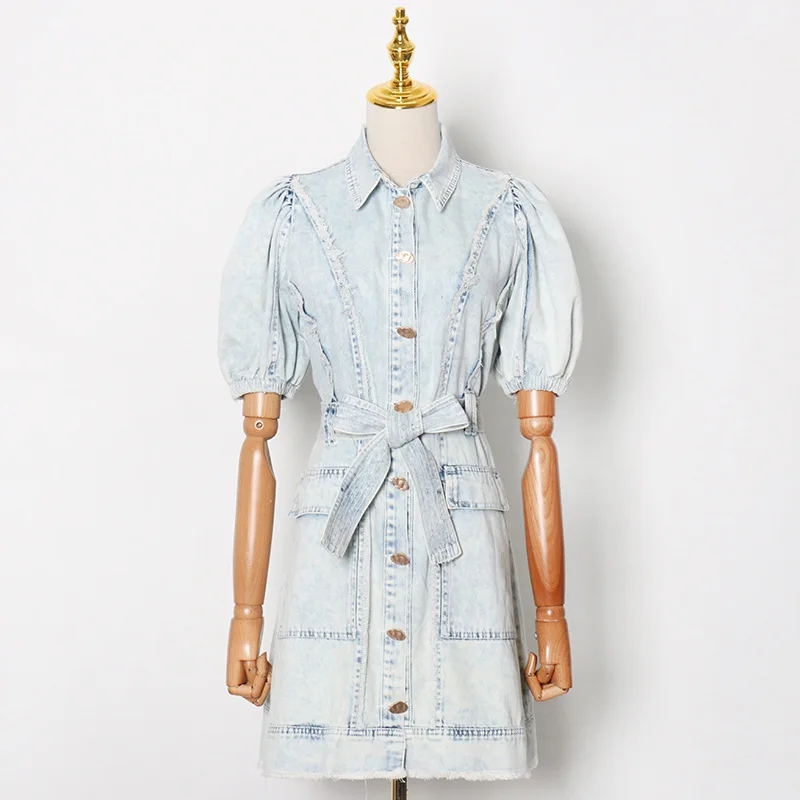 

HIGH STREET Newest 2021 Summer Peter pan Collar Lantern Sleeve Sashes Tassel Single Breasted Denim Mini Dress