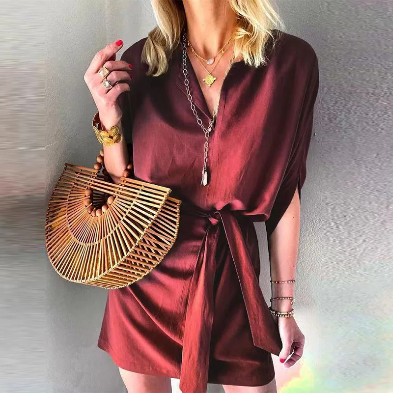 

Office Lady Elegant Solid Turn-down Collar Mini Dresses Summer Sexy Lace-Up Half Sleeve Party Dress Women Fashion Casual Dresses