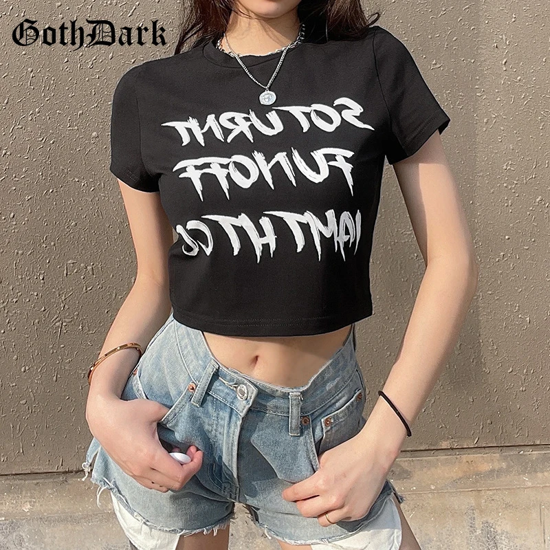 

Goth Dark Mall Gothic Grunge Black Women T-Shirts Punk Aesthetic Bodycon Summer Crop Tops Short Sleeve Emo Fashion Streetwear
