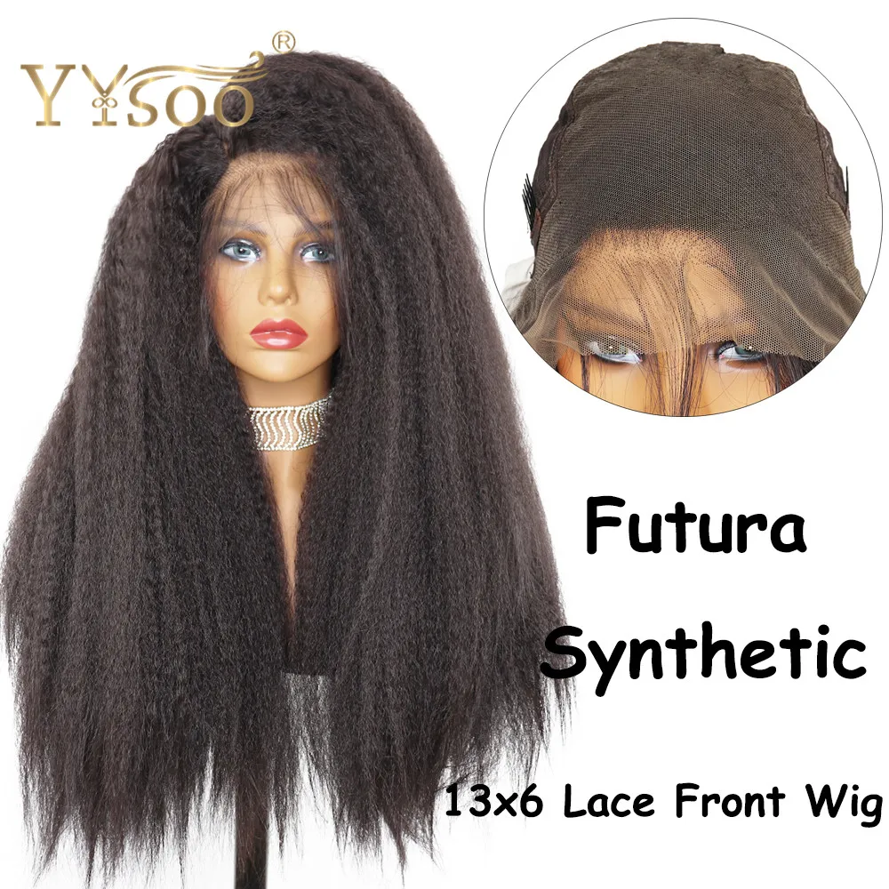 YYsoo Long Kinky Straight13x6 Futura Synthetic Lace Front Wigs For Black Women High Density Wig Baby Hair Heat Resistant Fiber