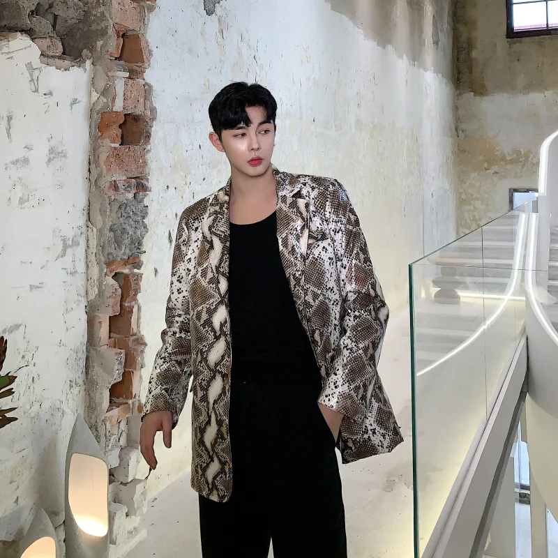 Мужской винтажный кожаный блейзер со змеиным принтом на осень/зиму|Пиджаки| |