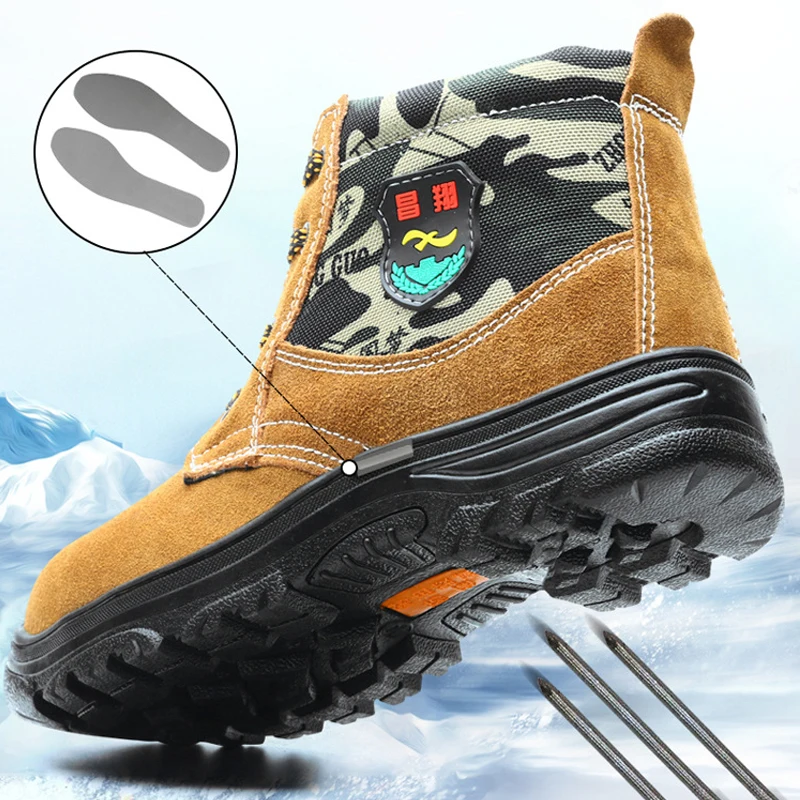 Зимние камуфляжные теплые мужские ботинки со стальным носком нескользящая
