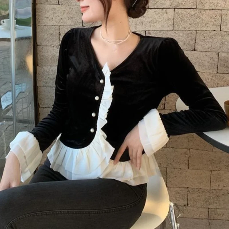 

Бархатная черная блузка, женская тонкая корейская модная укороченная кофта составного кроя Y2k с длинным рукавом, однотонная одежда, зима 2021,...