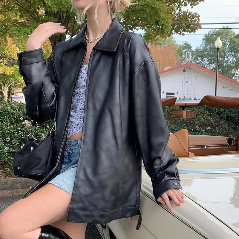 Women's Pu Leather Jackets Oversize Female Long Sleeve Coat Loose Autumn Lady Fashion Pockets Tops 2021 Casual Streetwear Jacket | Женская