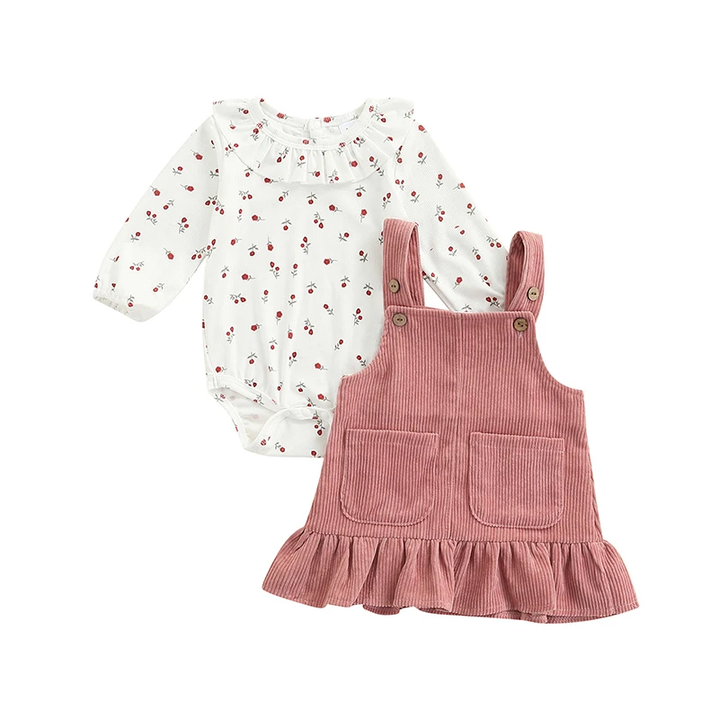 

Infant Baby Girls Suit, Spring Autumn Long Sleeve Floral Printed Romper Tops+Solid Color Ruffled Dress For Toddler Babies