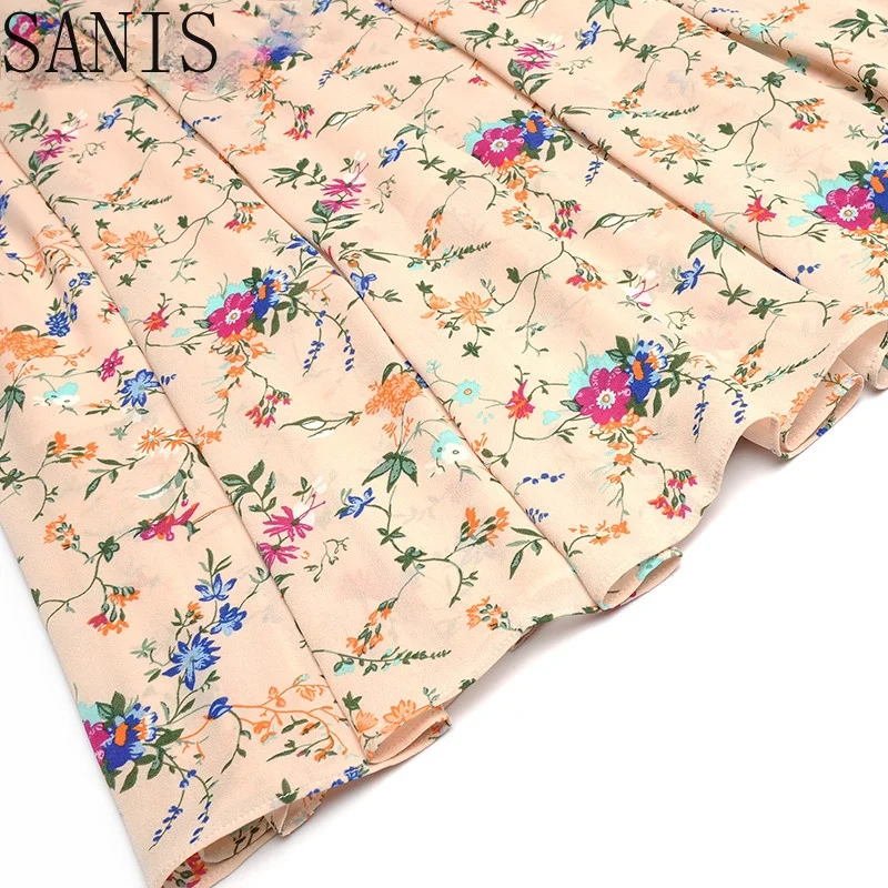 

Sanis Fashion Runway dress Summer Women's Dress Sequins Mesh turn-down collar Short sleeve Ruffles Floral-Print Dresses