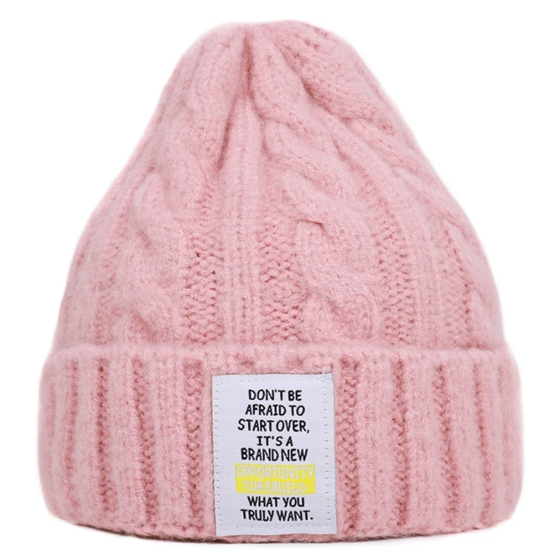 

Unisex Winter Chunky Cable Knit Beanie Cap Solid Color Letters Label Skull Hat