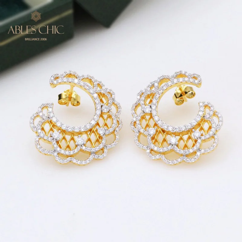 6prs Renaissance Gold Plated Filigree Garland Stud Earrings Genuine 925 Silver Micro Paved Cubic Zirconia Earring C115178
