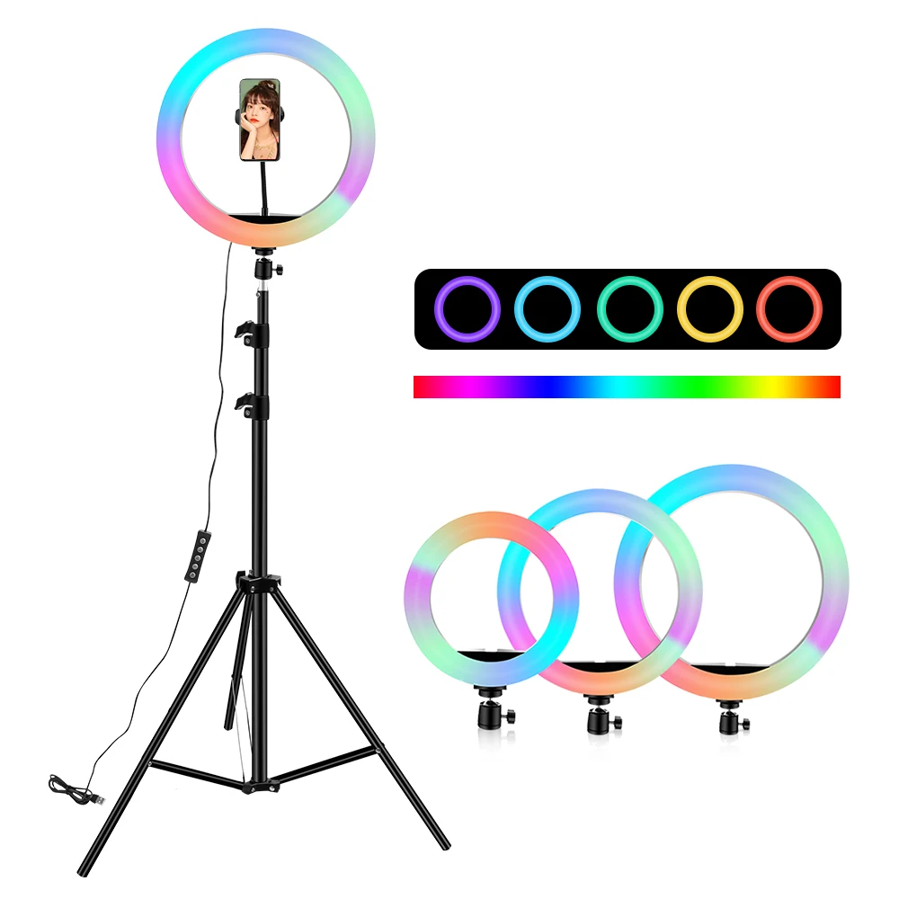 

10 inch Ring Light RGB02 26cm 33cm 20cm LED Rainbow Light With Tripod Stand 1.6M Dimmable RGB Set For Short Video YouTube Live