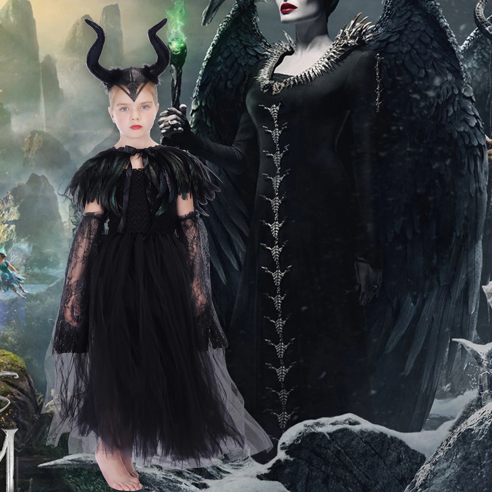 

Kids Black Devil Tutu Costume Gothic Halloween Girls Fancy Tutu Dress with Feather Shawl Royal Dark Queen Maleficent Gown Dress