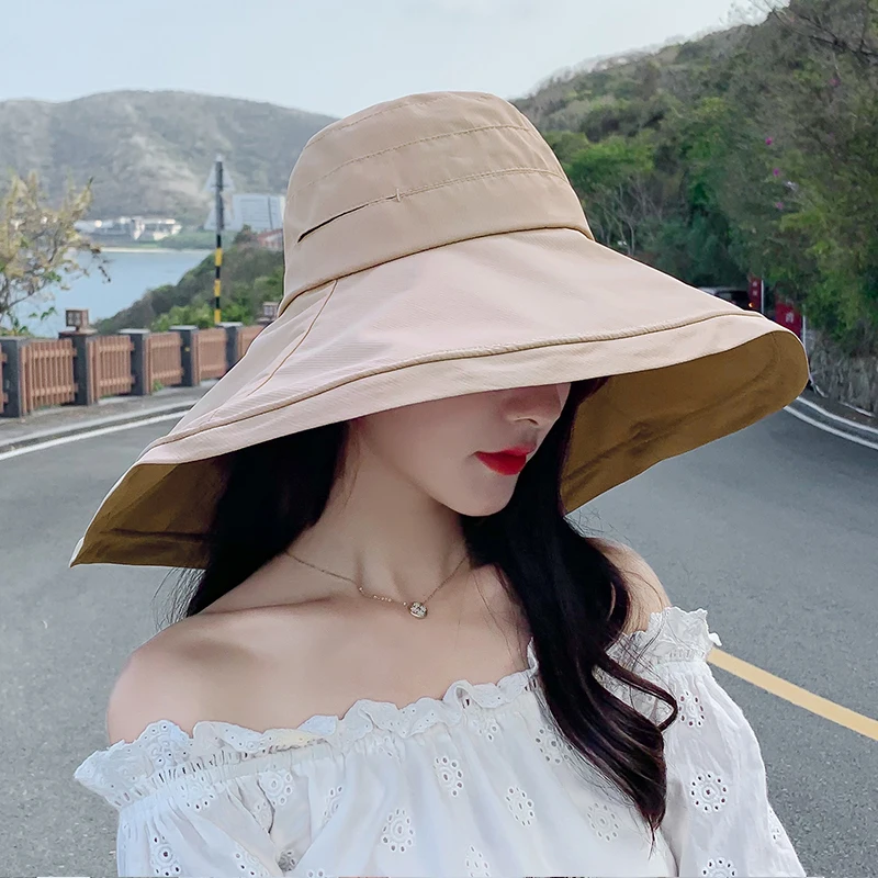 

Summer Fashion Black Bucket Hat Women Korean Sunscreen Big Brim Fishermen Hats Chapeau Bucket Caps Panama Big Size Gorro