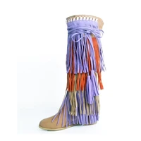 mixed colors fringed knee high boots round toe height increasing woman long boots 2021 tassel boots knee high dress shoes