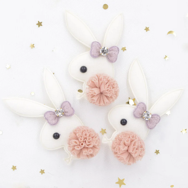 White-4pcs Высококлассные плюшевые ткани патч галстук-бабочка Стразы шифон мяч мультфильм кролик аппликация для одежды стикер для рукоделия DIY Декор волос S63 - Цвет: White-4pcs