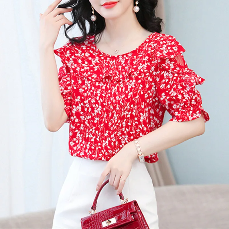 Женская шифоновая рубашка Корейская женская с коротким рукавом и цветочным