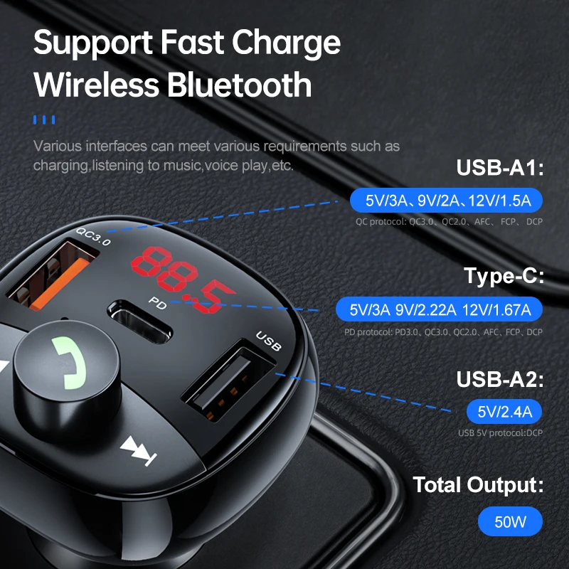kuulaa 50w car charger fm transmitter bluetooth car audio mp3 player tf card car kit qc pd usb car fast charger for iphone 13 12 free global shipping