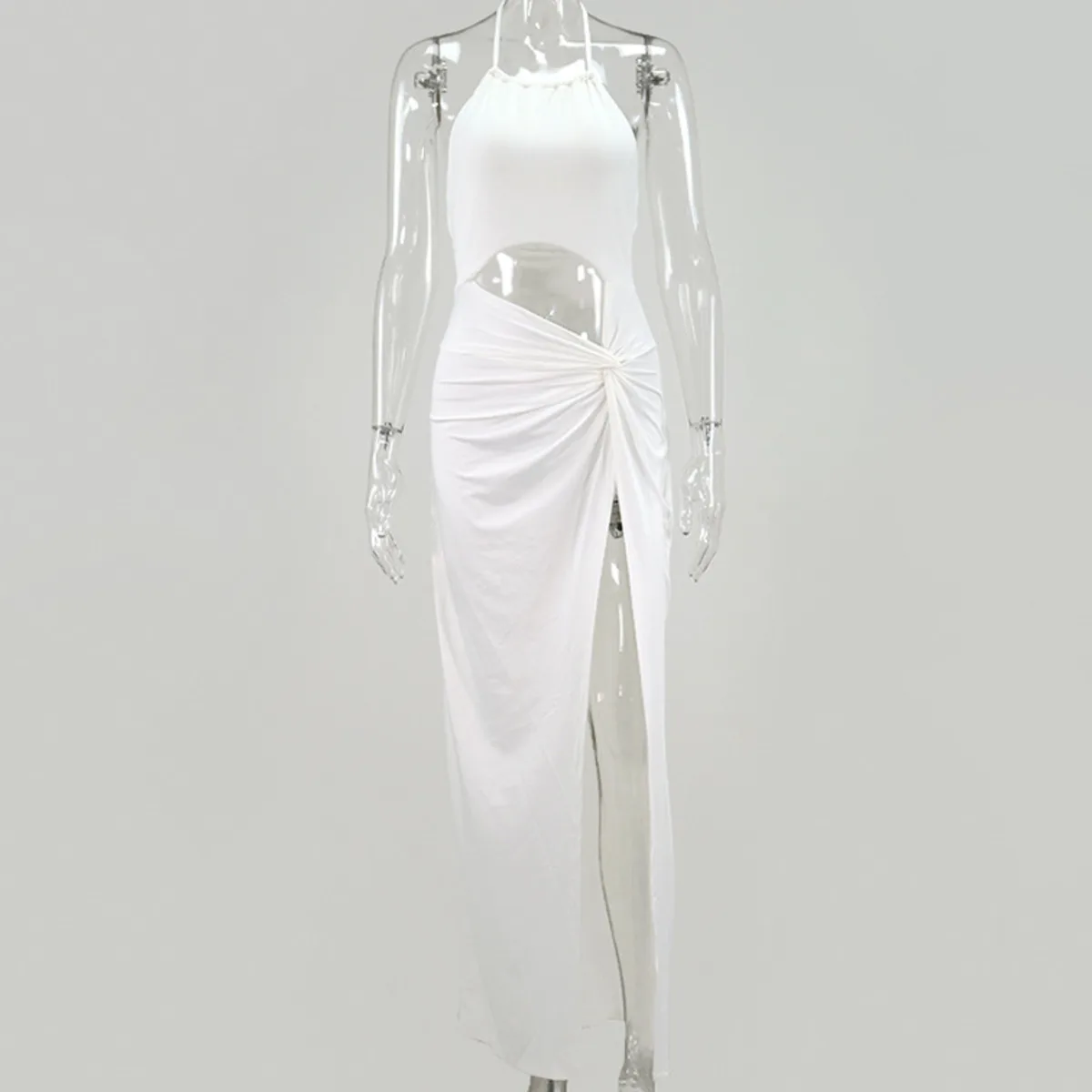 

Halter Neck Backless Evening Dress Solid Color Crop Top Sleeveless Split Side Pleated Party Dress Sexy Robe Soire Femme