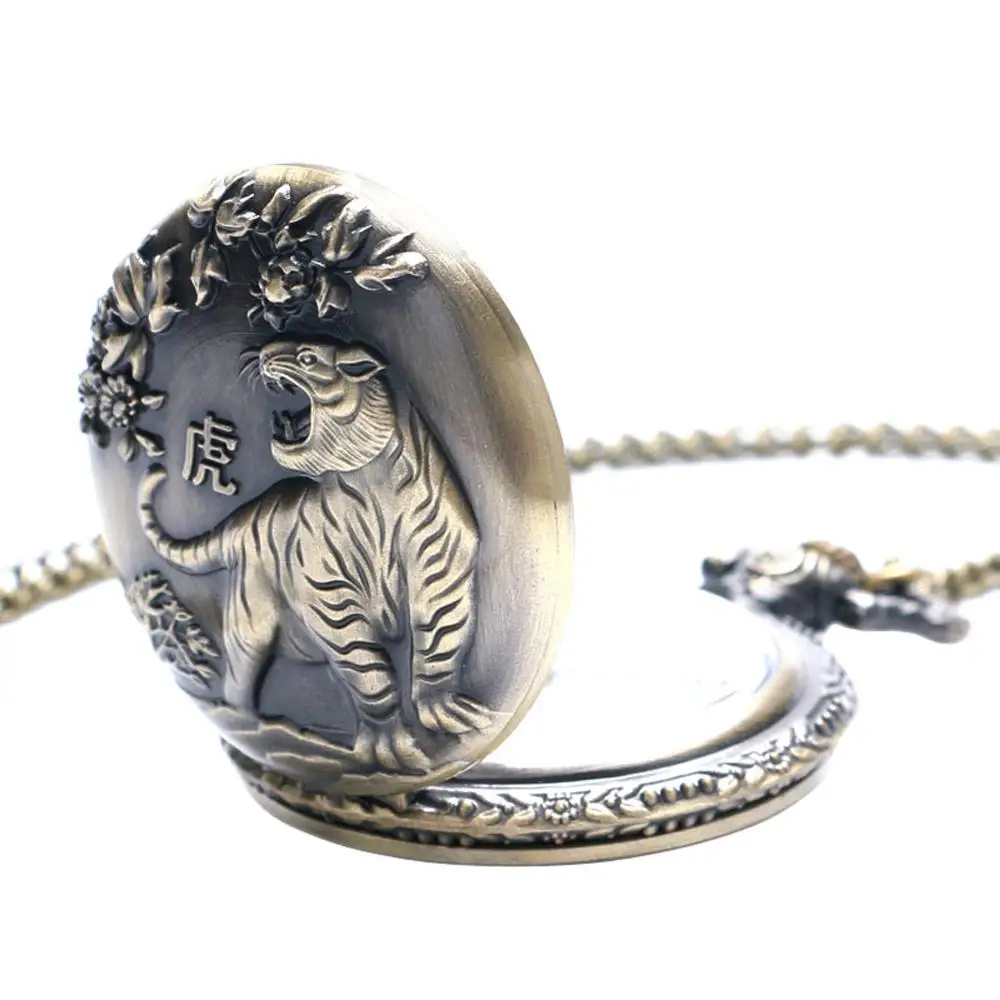 

Vintage Bronze 3D Chinses Zodiac Tiger Case Quartz Pendant Pocket Watch With Necklace Chain Men Women Gift Clock Shipping